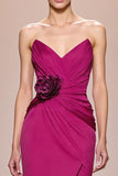 Satin fuchsia Robe de soirée longue sans bretelles avec fleur 3D