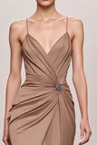 Robe de soirée longue à bretelles spaghetti sirène satin café