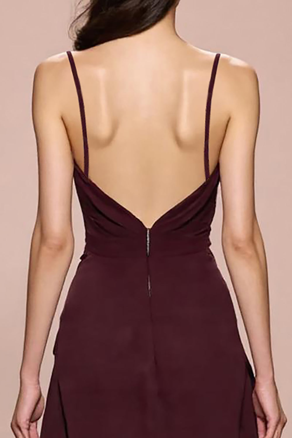 Robe de soirée longue à bretelles spaghetti froncées rouge foncé