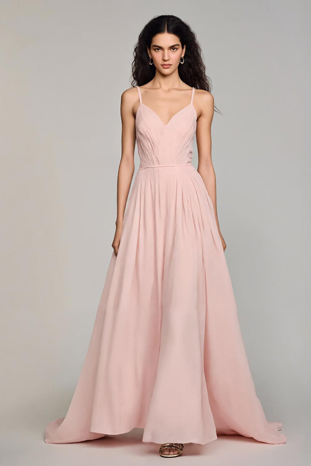Robe de soirée en mousseline de soie a-ligne à bretelles spaghetti rose clair