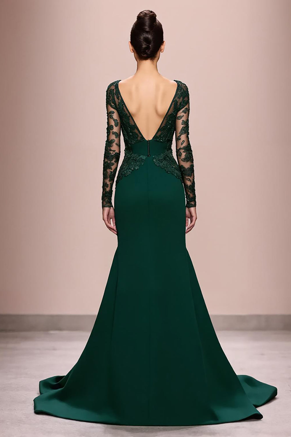 Robe de soirée longue à manches en dentelle sirène vert foncé avec appliques