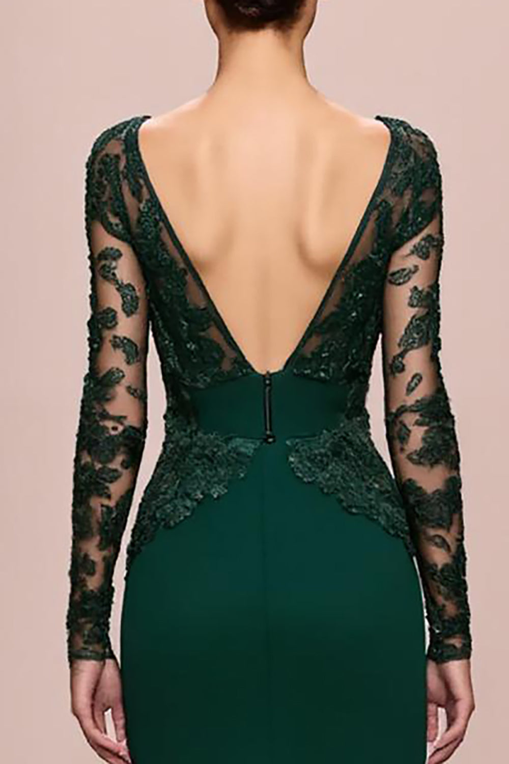 Robe de soirée longue à manches en dentelle sirène vert foncé avec appliques