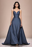 Robe de soirée longue à bretelles spaghetti en satin trapèze gris bleu avec appliques