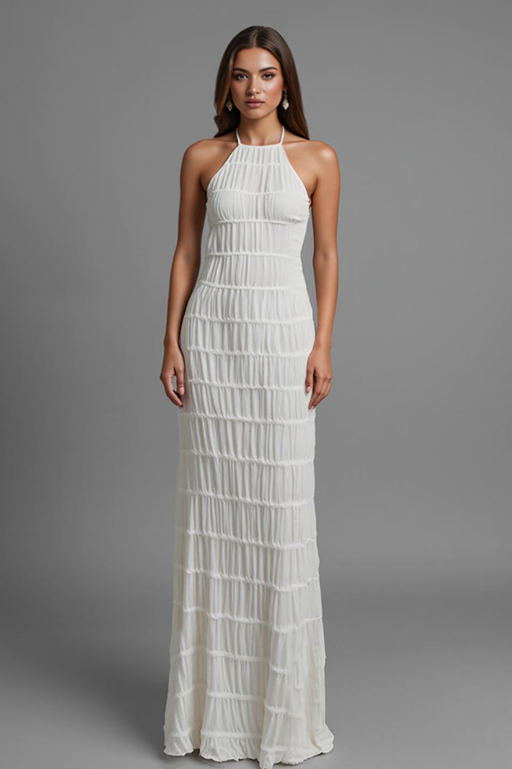 Robe de soirée longue dos nu fourreau en mousseline de soie ivoire