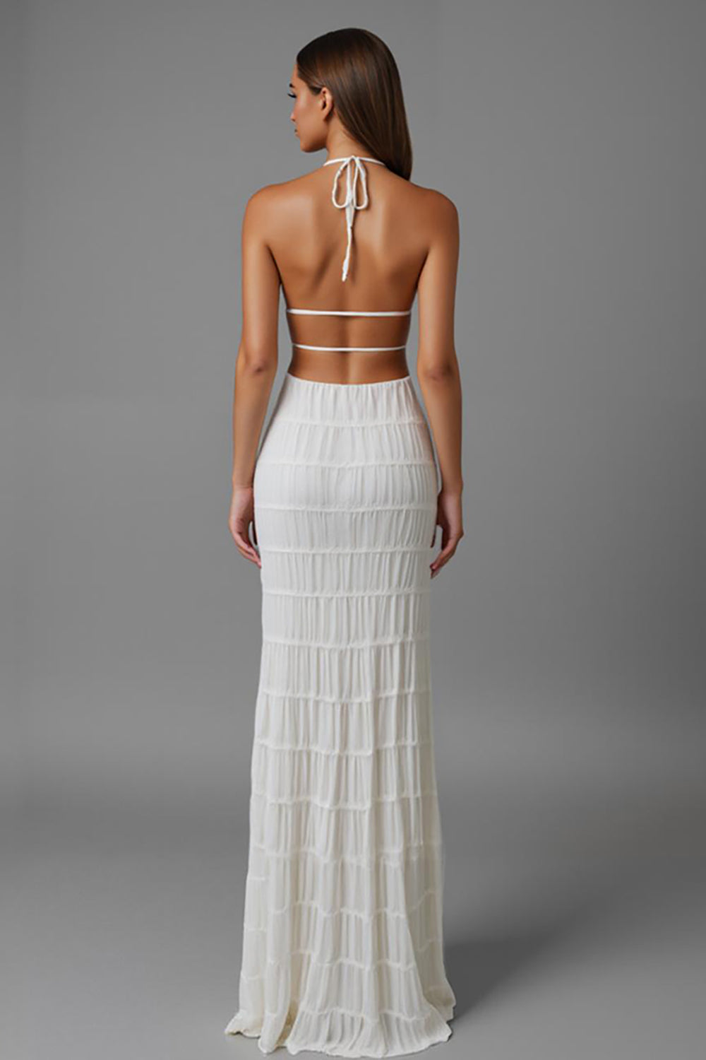 Robe de soirée longue dos nu fourreau en mousseline de soie ivoire