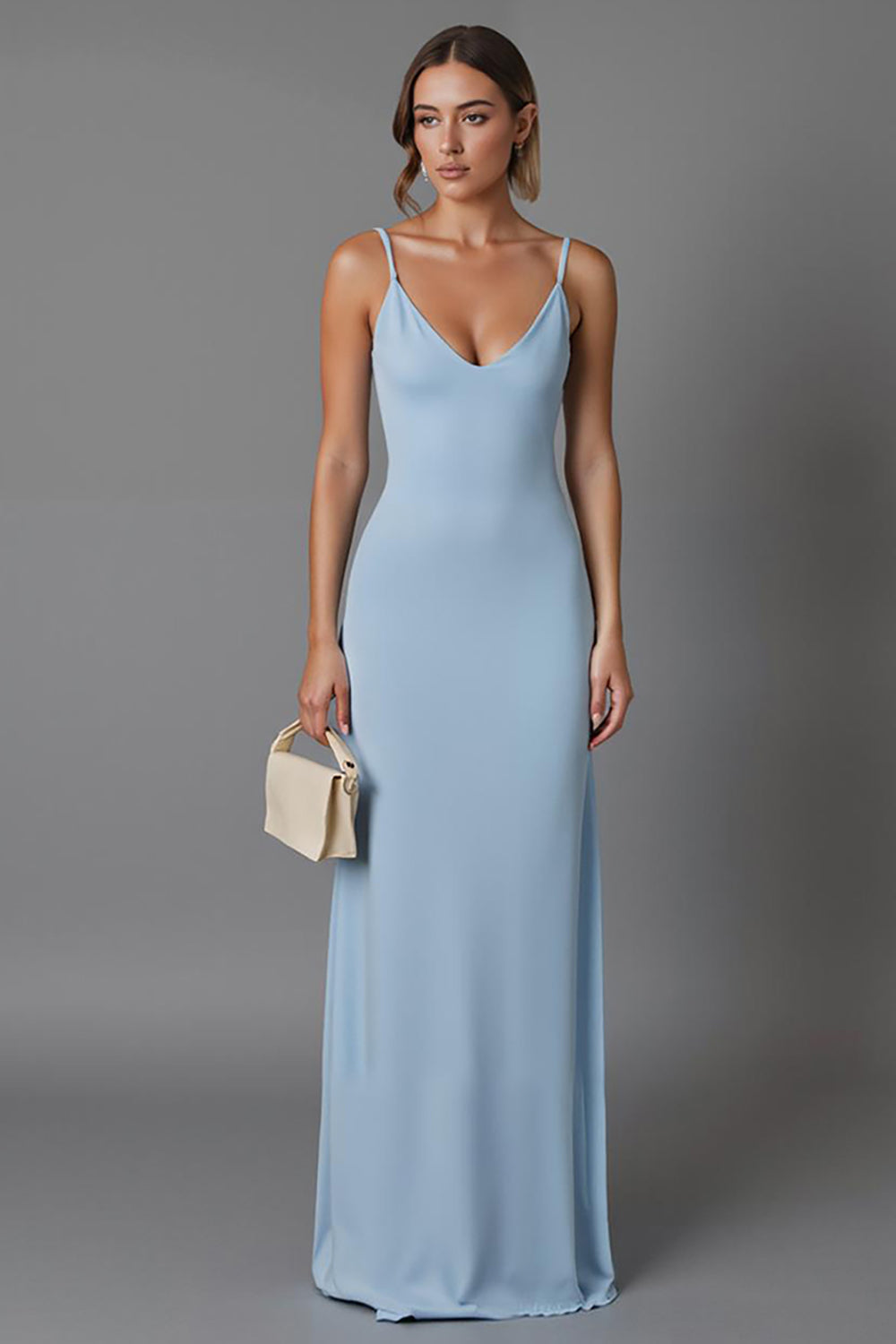 Robe de soirée longue en mousseline de soie à bretelles spaghetti bleu ciel