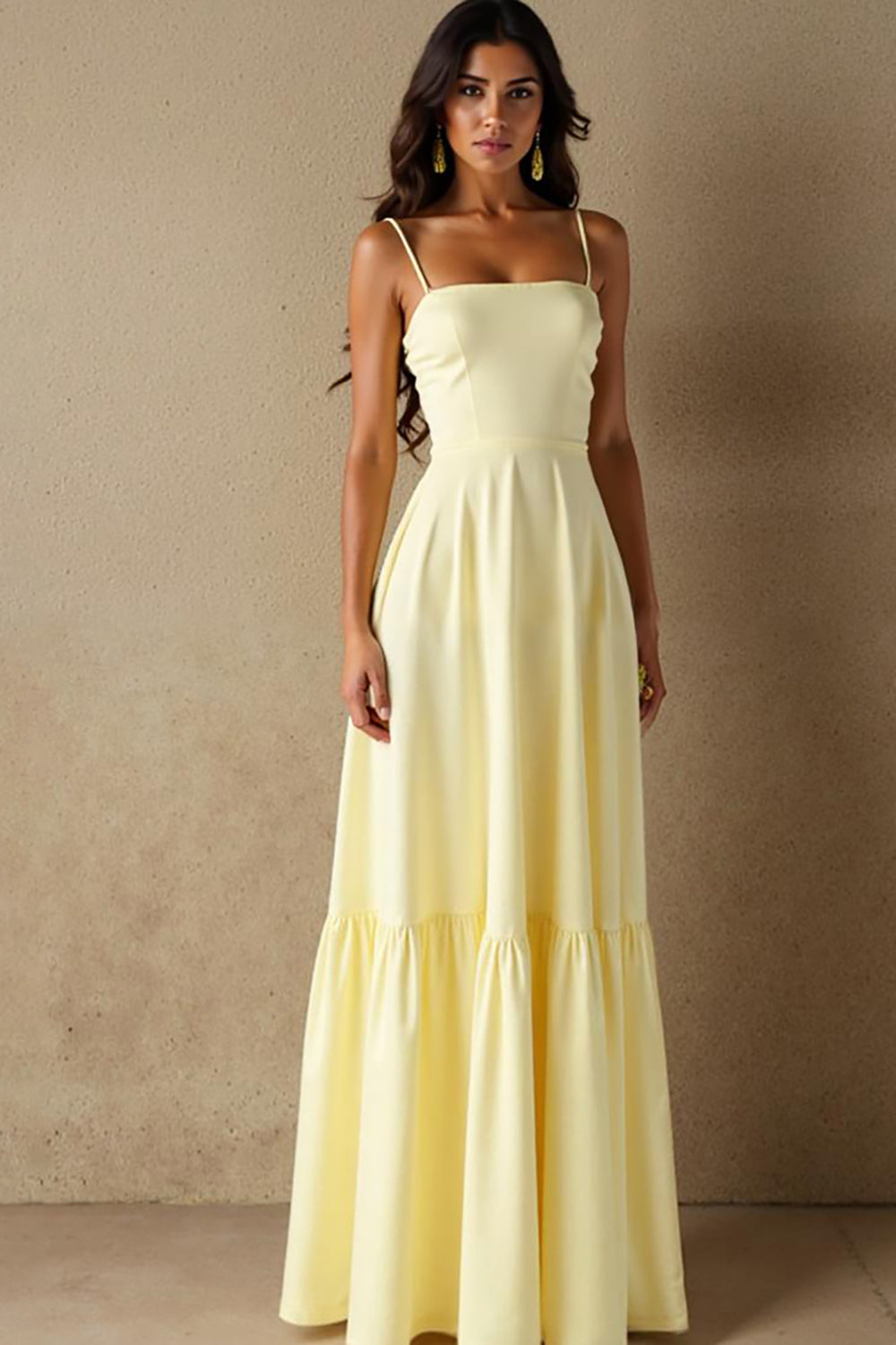 Robe de soirée à bretelles spaghetti en coton jonquille
