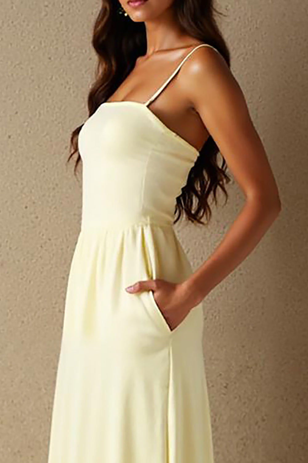 Robe de soirée à bretelles spaghetti en coton jonquille