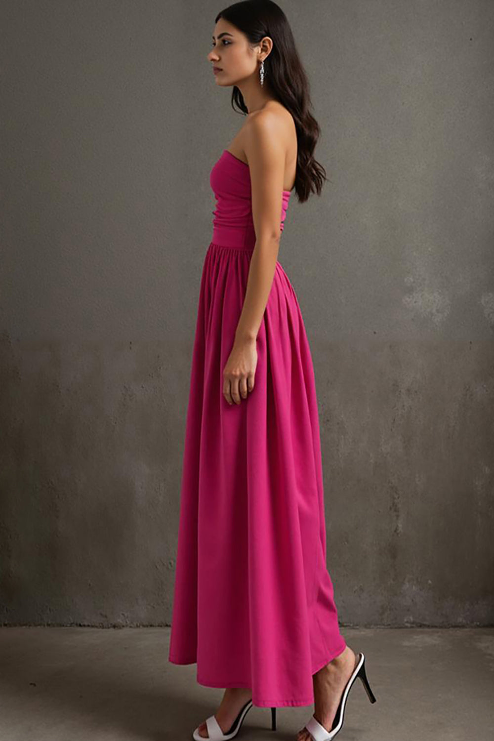Robe de soirée bustier fuchsia A Line froncée Cottton