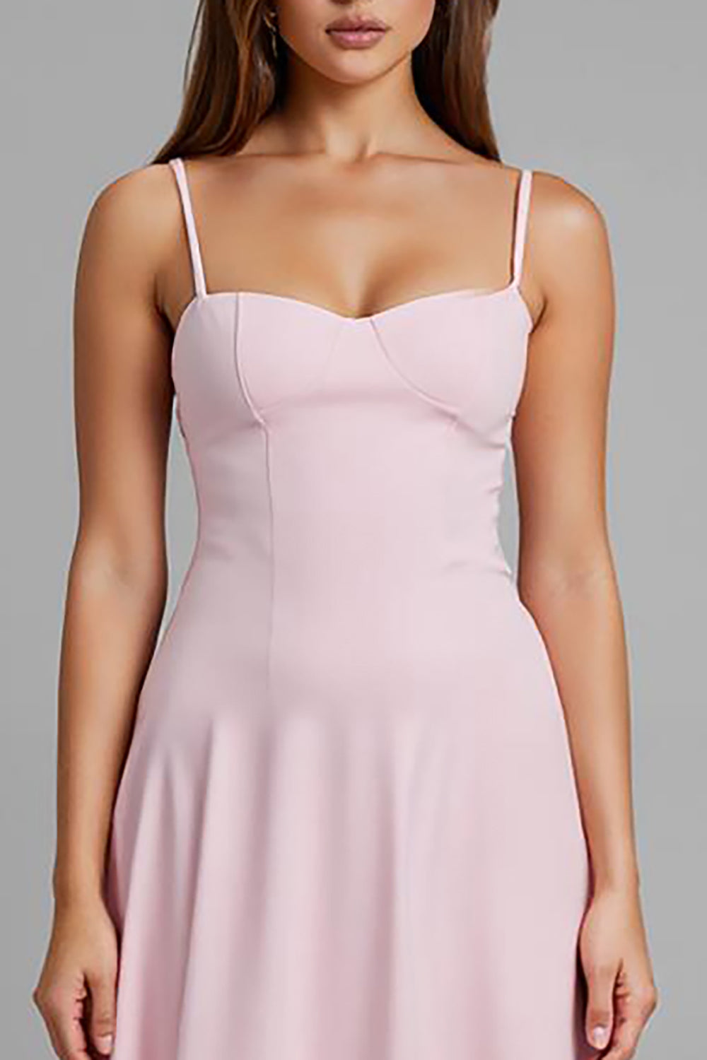 Robe de soirée longue simple rose clair à bretelles spaghetti