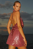 Robe de cocktail courte simple à paillettes rose vif