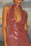 Robe de cocktail courte simple à paillettes rose vif