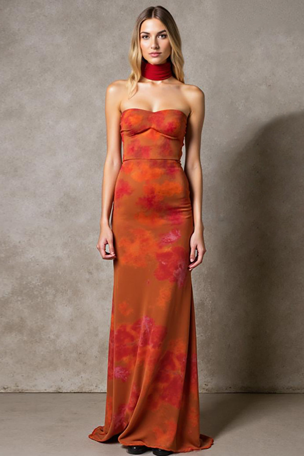 Robe de soirée maxi bustier imprimée gaine Cabernet avec ceinture