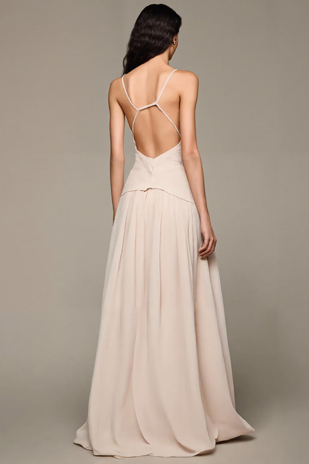Robe de soirée longue trapèze à col en V abricot avec fleurs 3D
