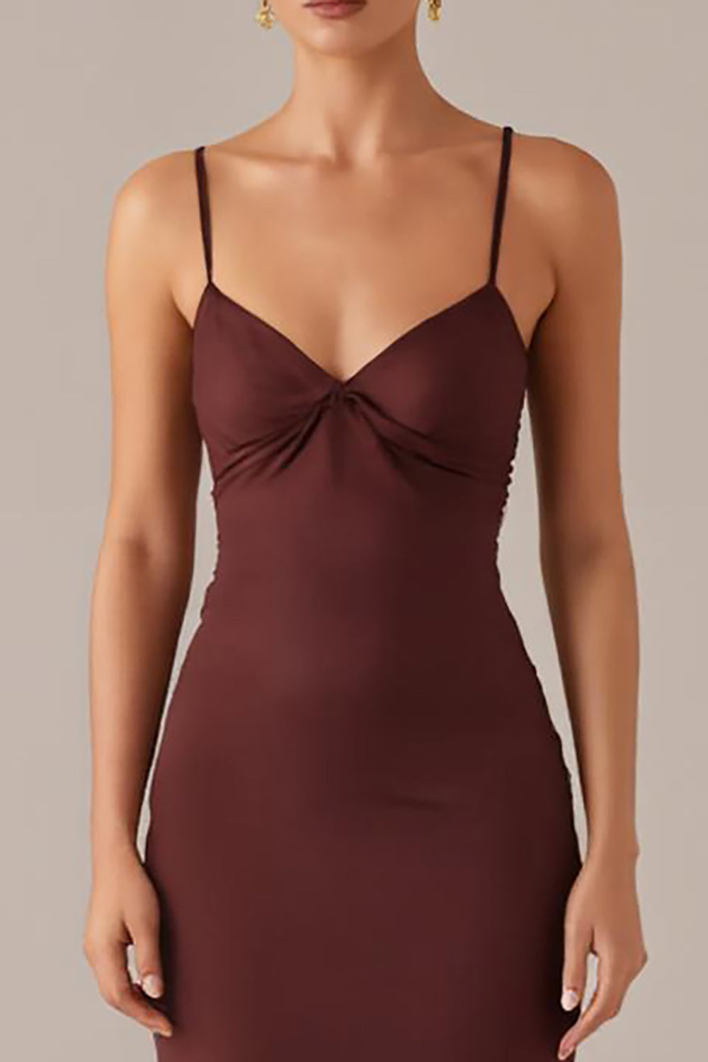 Robe de soirée fourreau à bretelles spaghetti marron