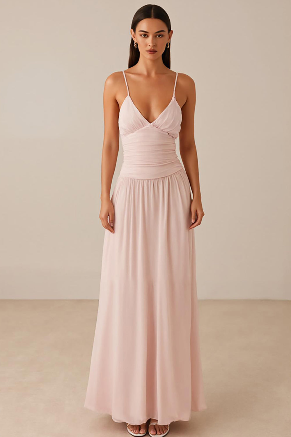 Robe de soirée en mousseline de soie a-ligne à bretelles spaghetti rose