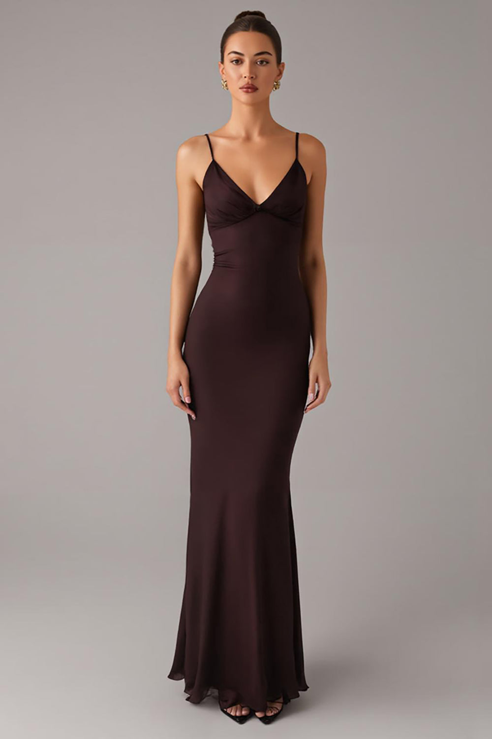 Robe formelle à bretelles spaghetti sirène marron