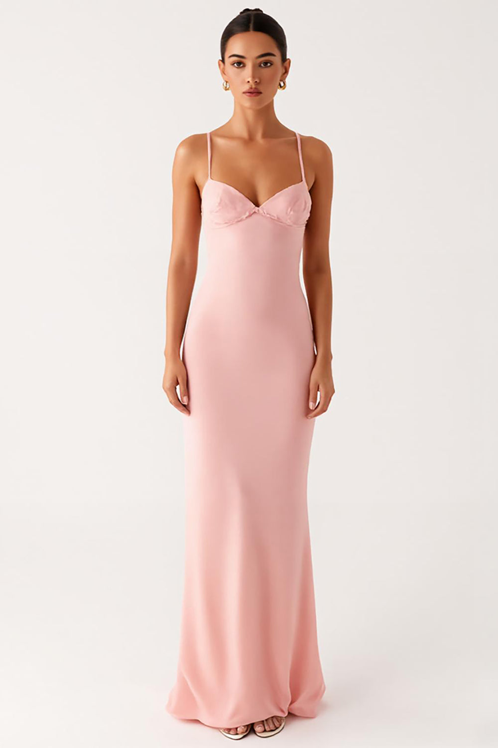 Robe formelle en mousseline de soie à bretelles spaghetti fourreau rose