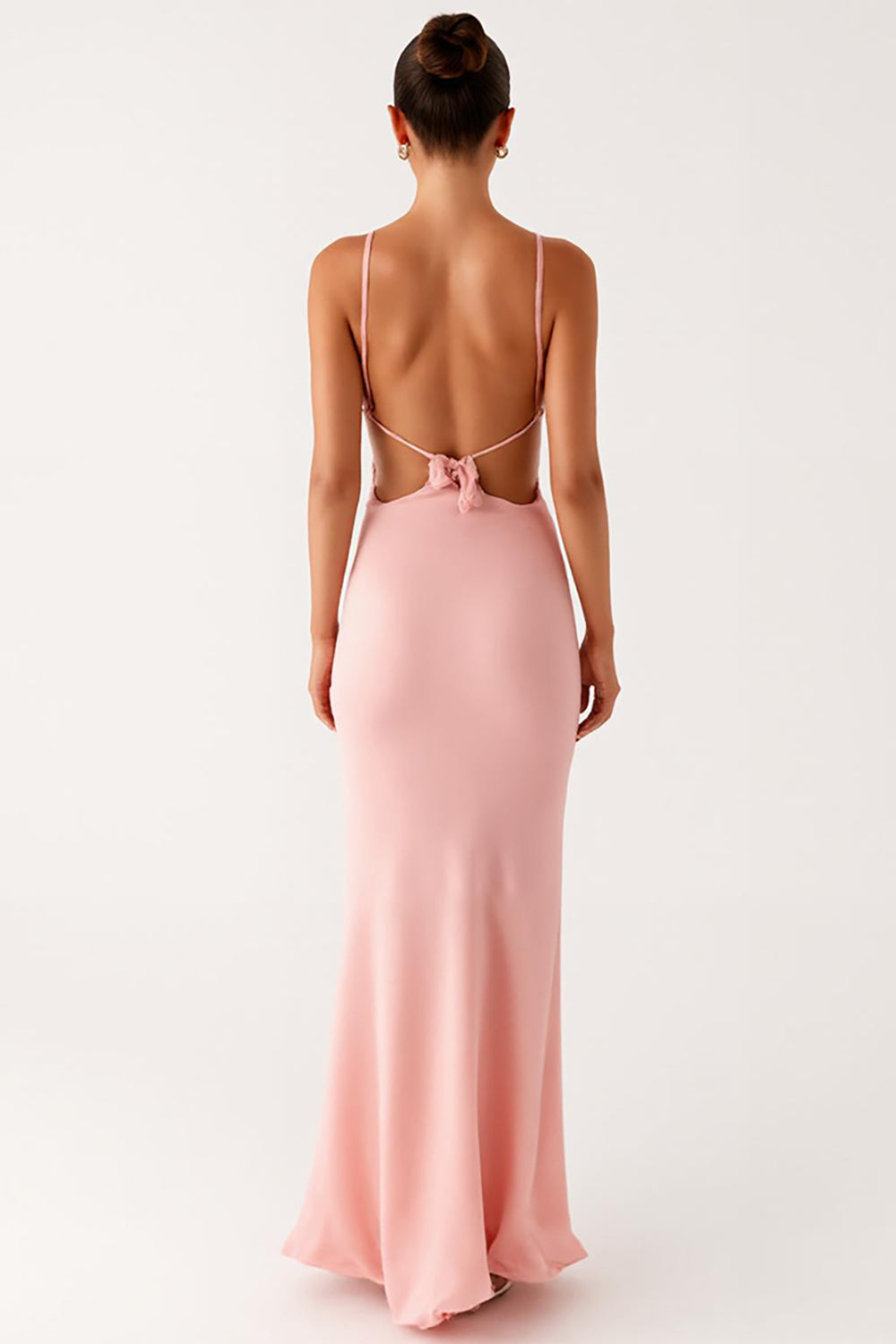 Robe formelle en mousseline de soie à bretelles spaghetti fourreau rose