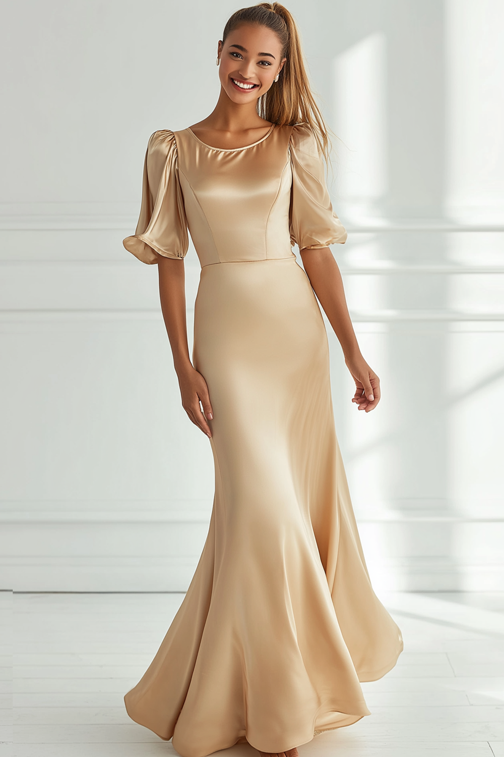 Robe longue formelle en satin sirène champagne à manches courtes