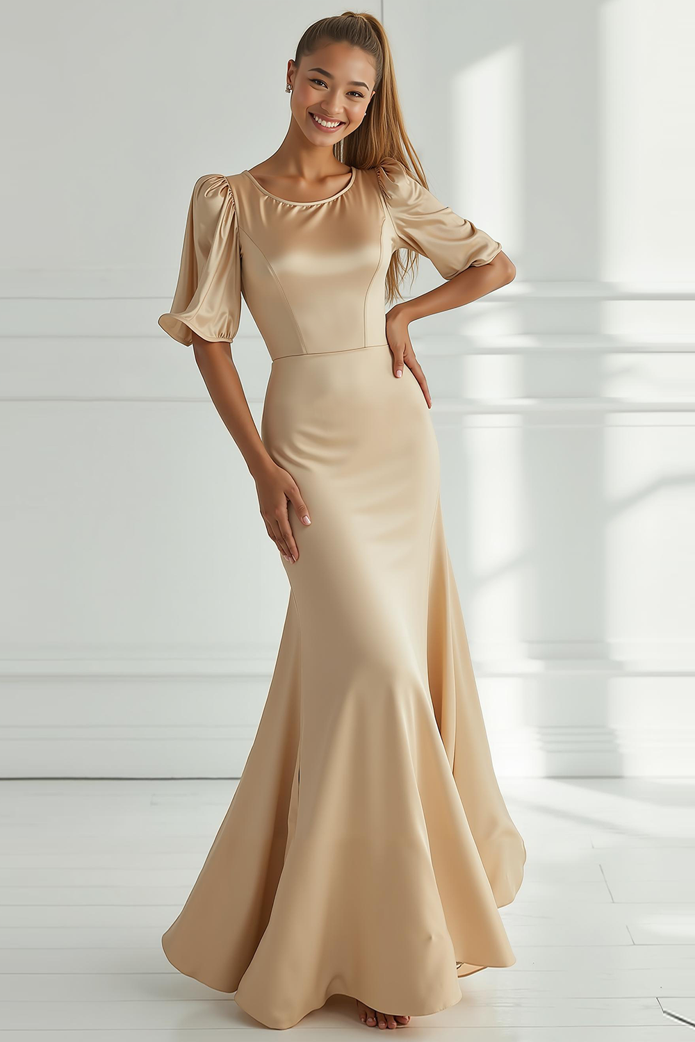 Robe longue formelle en satin sirène champagne à manches courtes