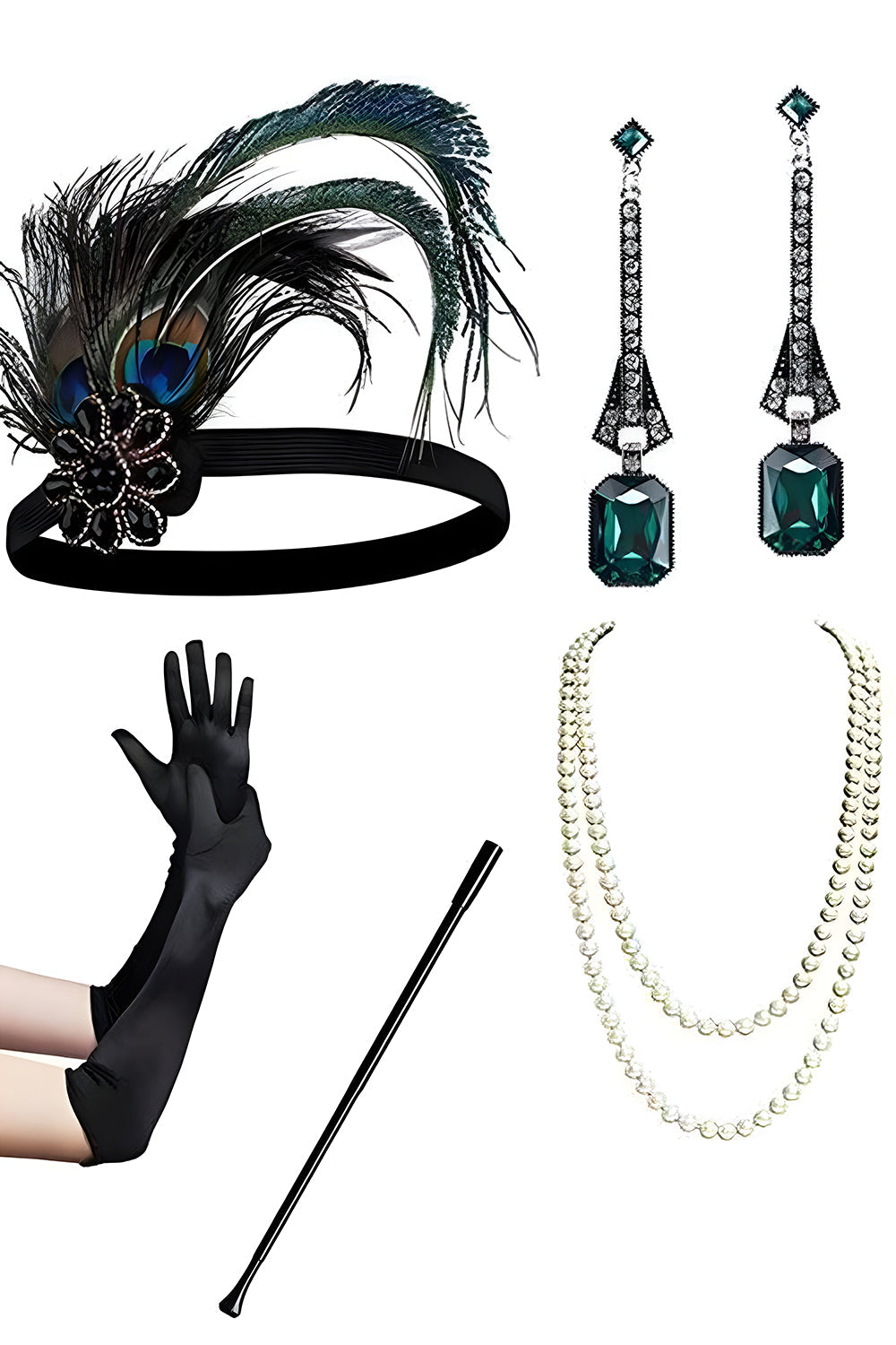 Noir Vert Frange V, Col V, Robe des années 1920 avec ensemble de 5 accessoires