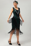 Noir Vert Frange V, Col V, Robe des années 1920 avec ensemble de 5 accessoires