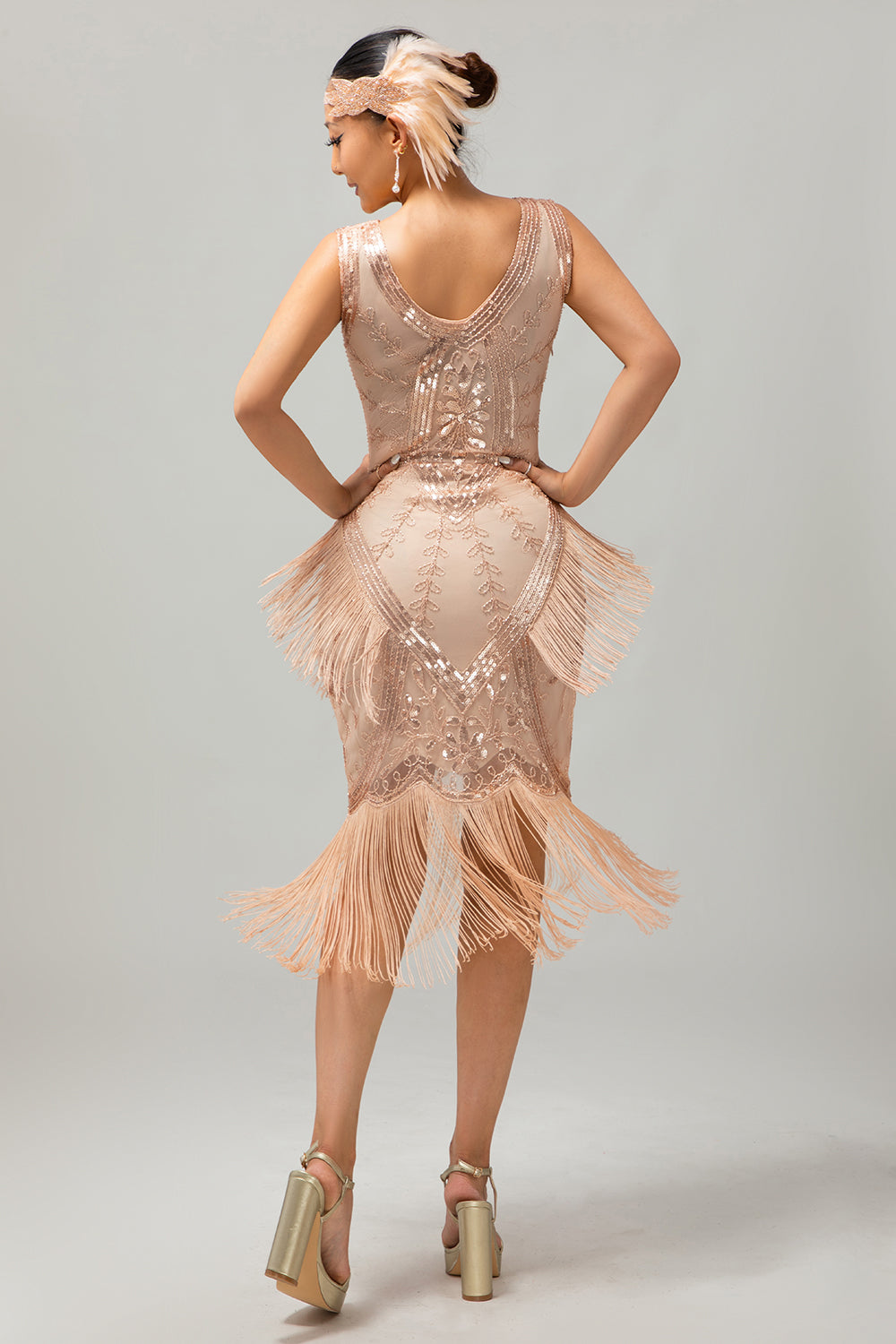 Robe à paillettes à franges champagne des années 1920 avec ensemble d’accessoires 5 pièces