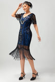 Noir Bleu Sequin Fringe Scoop Neck Robe des années 1920 avec ensemble de 5 accessoires