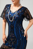 Noir Bleu Sequin Fringe Scoop Neck Robe des années 1920 avec ensemble de 5 accessoires