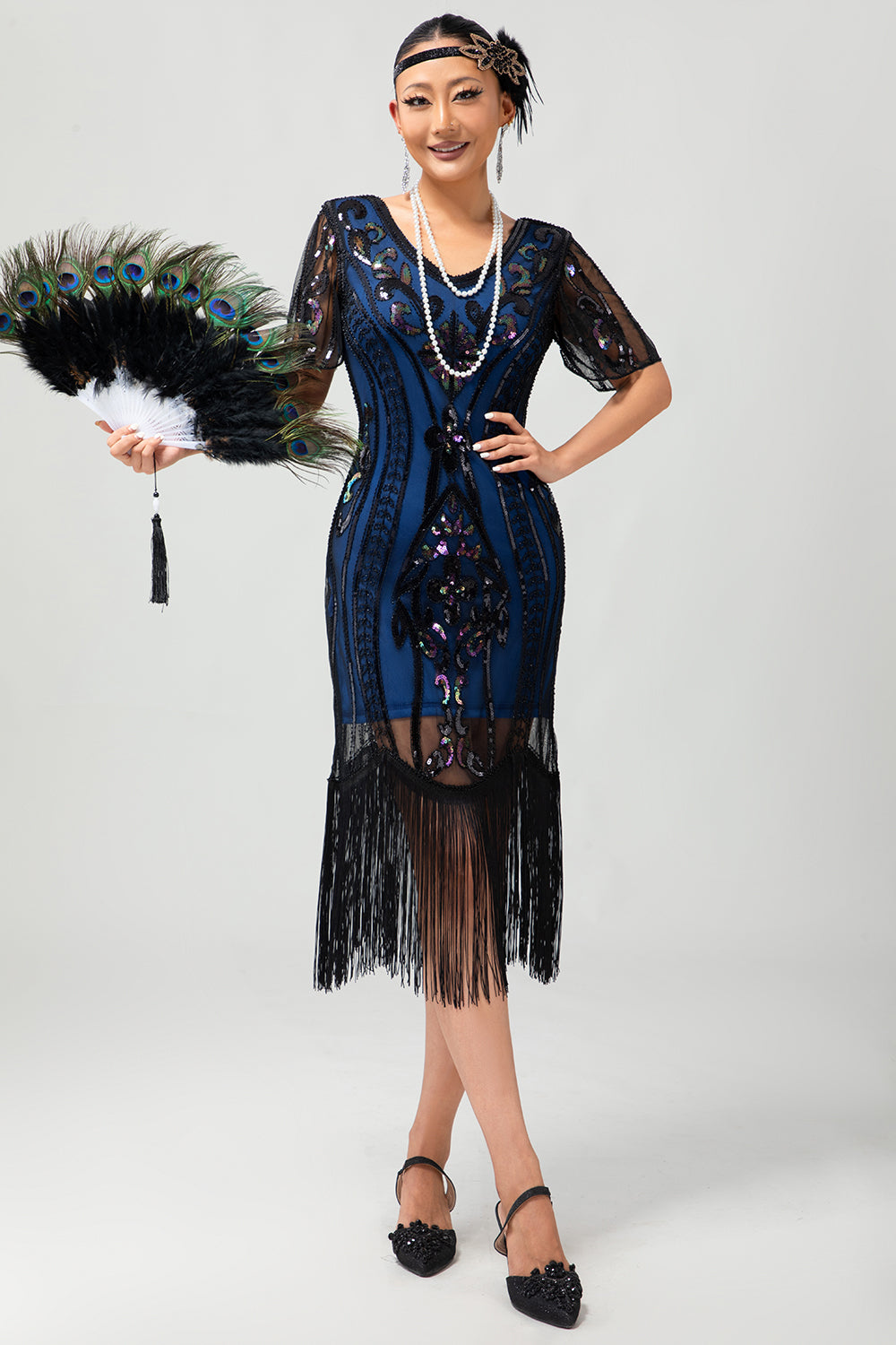 Noir Bleu Sequin Fringe Scoop Neck Robe des années 1920 avec ensemble de 5 accessoires