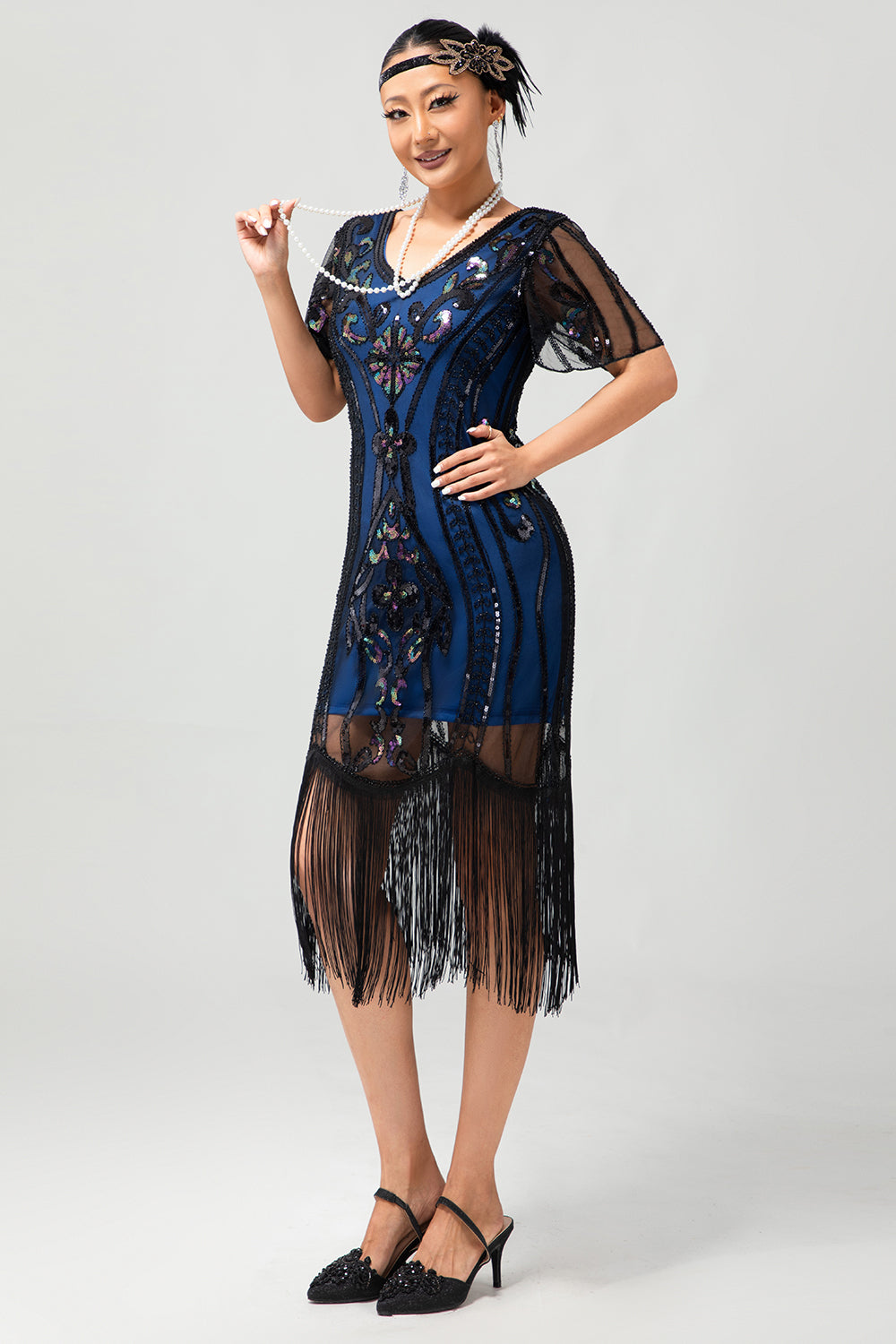 Noir Bleu Sequin Fringe Scoop Neck Robe des années 1920 avec ensemble de 5 accessoires