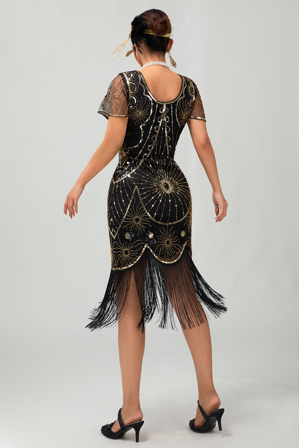 Gatsby Robe moulante à franges noires et rougesAnnées 1920 avec paillettes