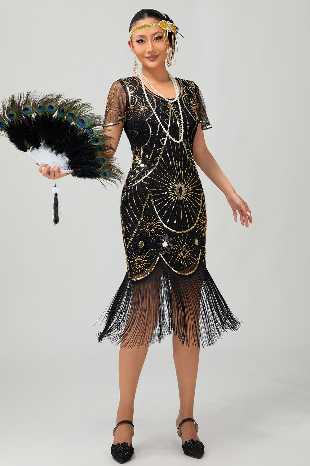 Gatsby Robe moulante à franges noires et rougesAnnées 1920 avec paillettes