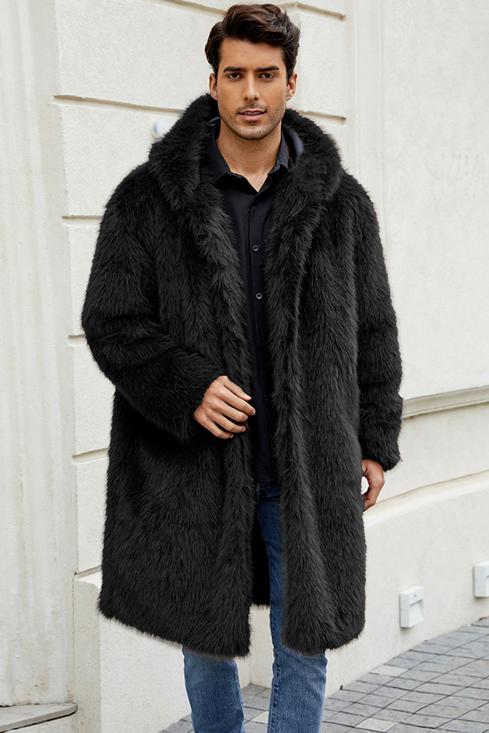Fausse fourrure noire Long Warm Winter Manteau pour hommes avec capuche