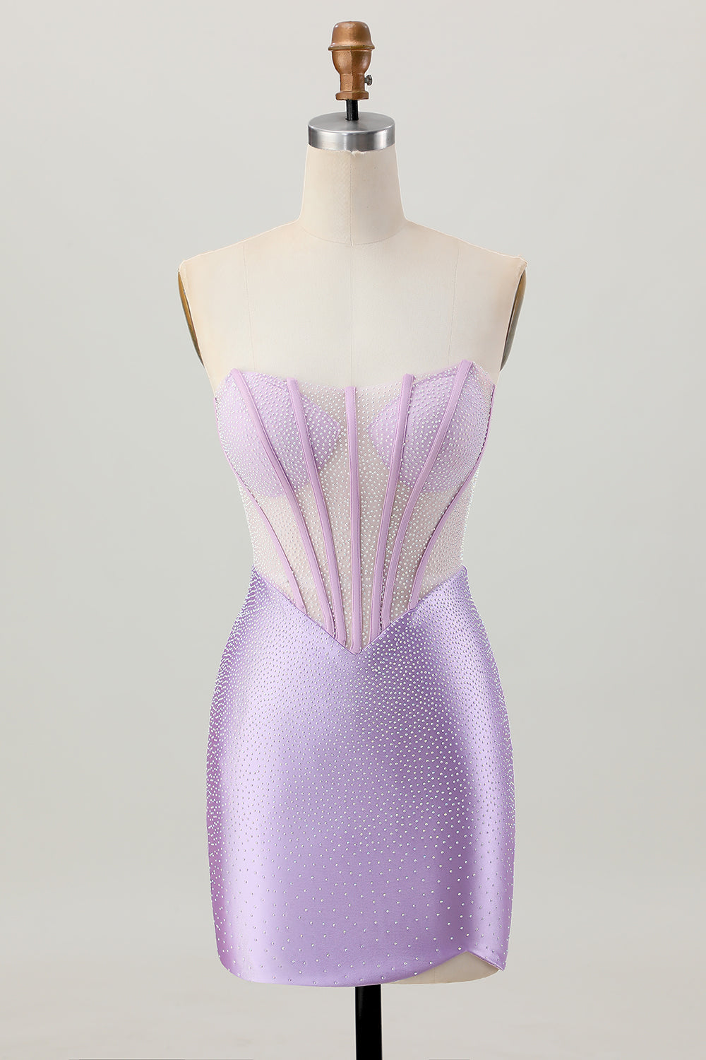 Robe courte de bal en satin perlée lilas corset sans bretelles