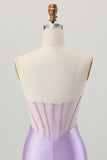 Robe courte de bal en satin perlée lilas corset sans bretelles