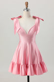 Blush Pink A Line Col en V Robe de retour aux sources en satin avec noeuds