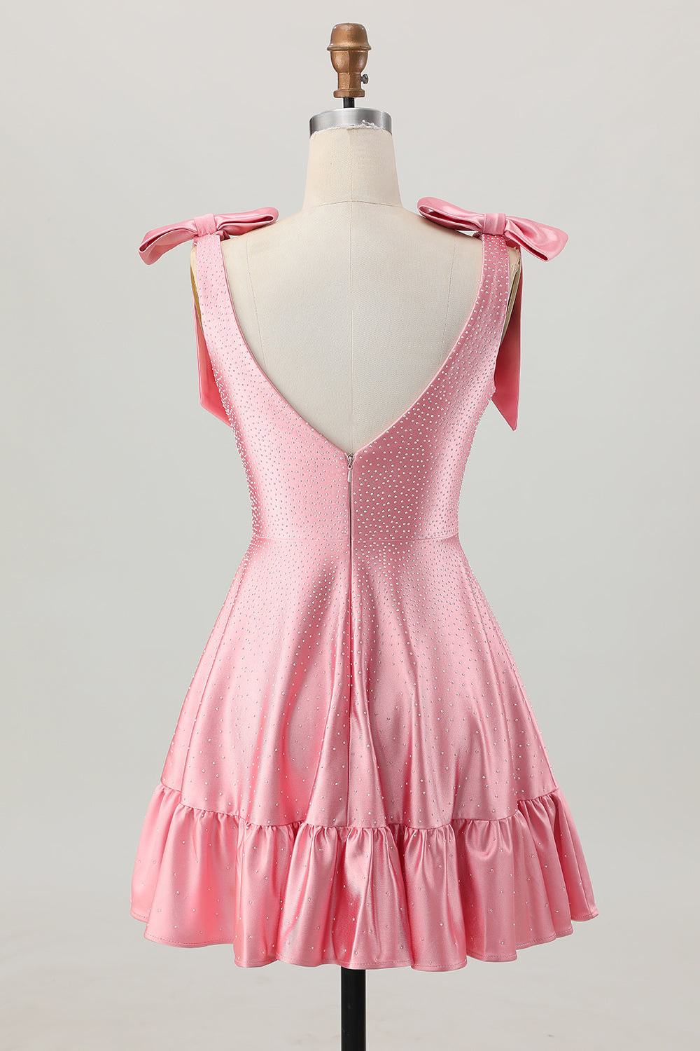 Blush Pink A Line Col en V Robe de retour aux sources en satin avec noeuds