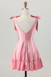 Blush Pink A Line Col en V Robe de retour aux sources en satin avec noeuds