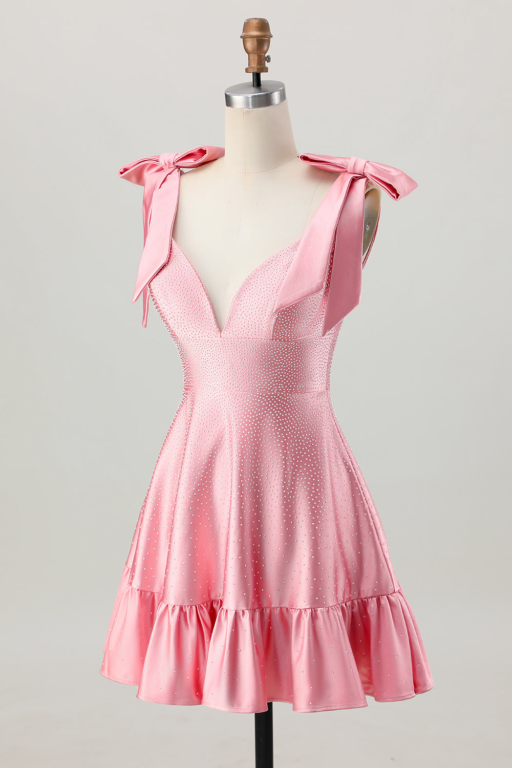 Blush Pink A Line Col en V Robe de retour aux sources en satin avec noeuds