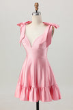 Blush Pink A Line Col en V Robe de retour aux sources en satin avec noeuds