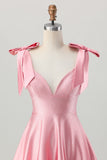 Blush Pink A Line Col en V Robe de retour aux sources en satin avec noeuds