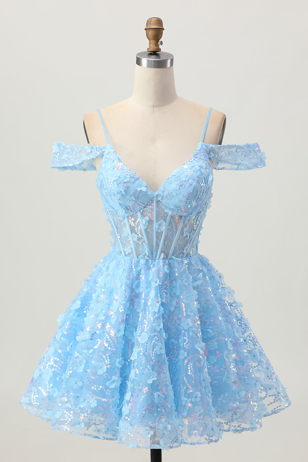 Paillettes scintillantes Bleu A-ligne épaule dénudée Mini Robe De Cocktail avec dos ouvert