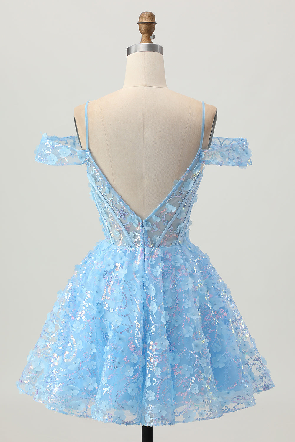 Paillettes scintillantes Bleu A-ligne épaule dénudée Mini Robe De Cocktail avec dos ouvert