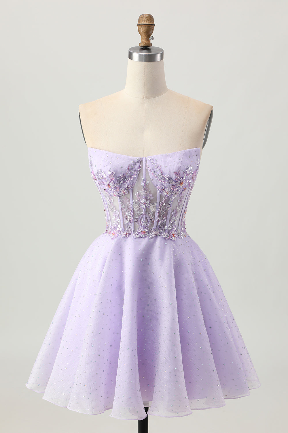 Scintillant Une ligne sans bretelles paillettes à lacets dans le dos Mini Robe De Cocktail lilas avec perles