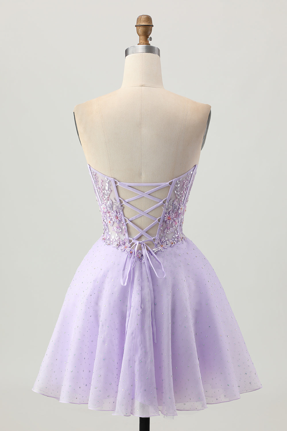 Scintillant Une ligne sans bretelles paillettes à lacets dans le dos Mini Robe De Cocktail lilas avec perles
