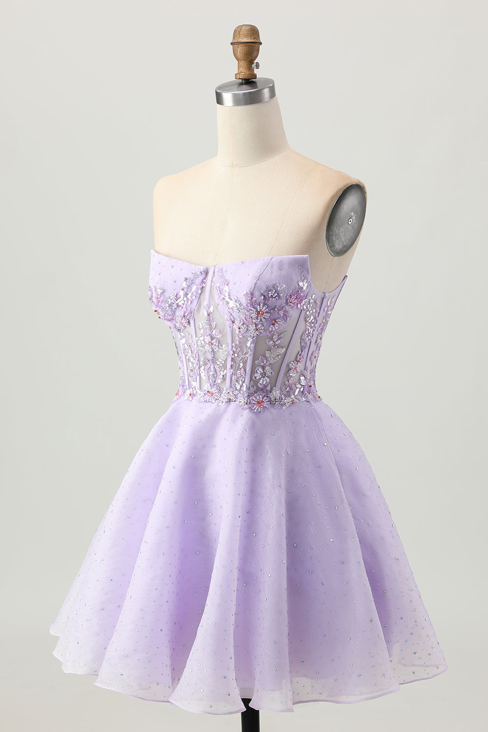 Scintillant Une ligne sans bretelles paillettes à lacets dans le dos Mini Robe De Cocktail lilas avec perles
