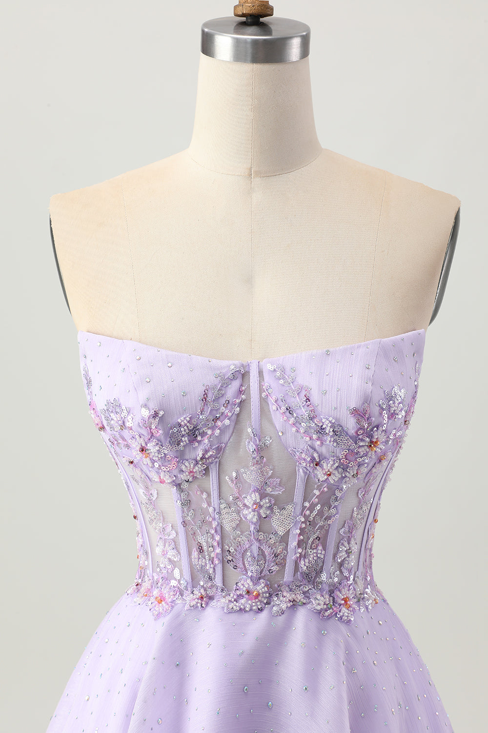 Scintillant Une ligne sans bretelles paillettes à lacets dans le dos Mini Robe De Cocktail lilas avec perles