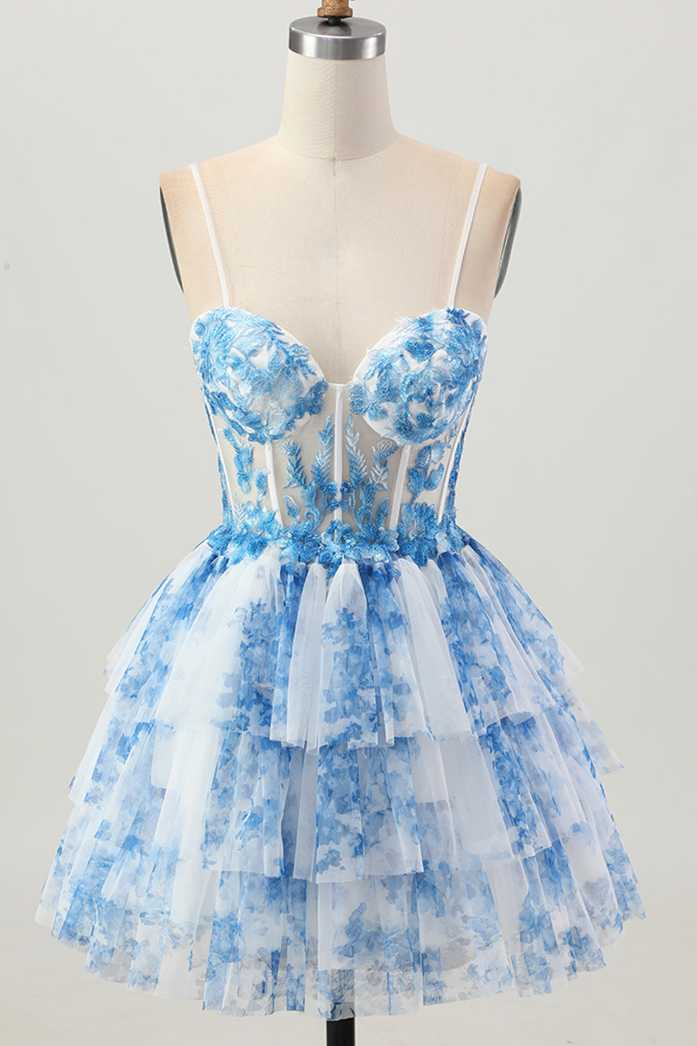 Blanc Bleu Fleur Une Ligne Corset Robe De Cocktail À Niveaux
